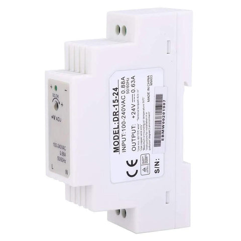 Slick Compact Din Rail Switching Power Supply Delivers Badass Reliable 24V Dc Output At 15W And 0.63A with adjustable settings.