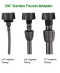 Drip Irrigation Hose Connectors One Quarter Inch To Three Quarters Inch Garden Faucet Adapter, showing 1/4, 3/8, 1/2 in tubing