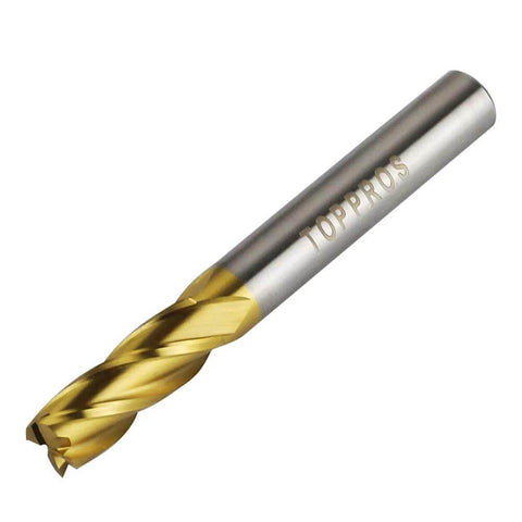 Angled side view of TOPPROS titanium-coated 4-flute end mill bit with straight shank