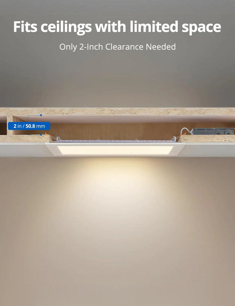 Installed Ultra Slim 11 Inch Square LED Recessed Ceiling Light Canless Wafer With 5CCT, showing 2-inch clearance for tight ceilings