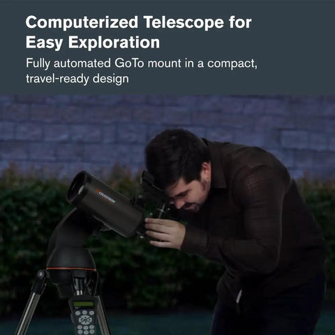Person using NexStar 90SLT Mak Totally Portable Computerized Telescope With Star Locating in a garden at night