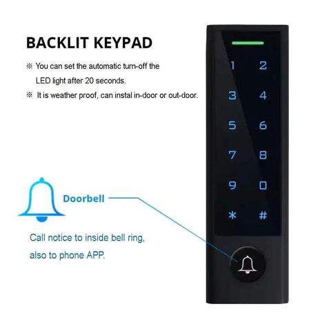 WiFi Access Control Keypad With IP66 Waterproof Rating ANSI Standard black keypad with backlit numbers and doorbell icon