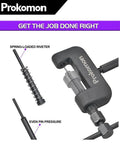 Front view of Prokomon 13-piece chain breaker tool kit; black clamp riveter with spring-loaded rivet rod.