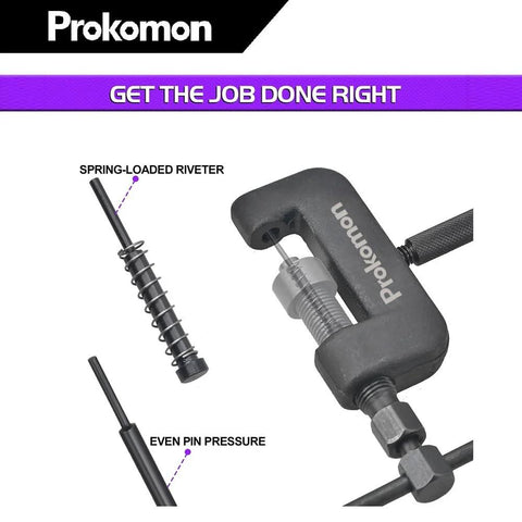 Front view of Prokomon 13-piece chain breaker tool kit; black clamp riveter with spring-loaded rivet rod.