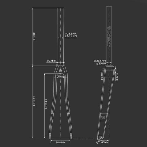 Technical drawing of Carbon Fiber Fixed Gear Front Fork For 700C Road Bikes, showing dimensions and T800 carbon material