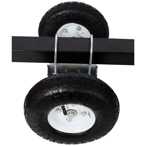 10 Inch Pneumatic Gate Wheels Caster Set With Tough As Nails Q235 Steel Build And Rock Solid 300 Lbs Rating showing dual wheels on a supporting frame.