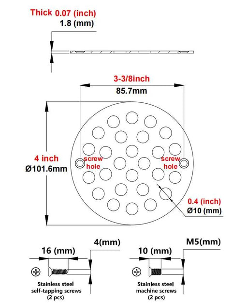 Heavy Duty Four Inch Screw In Round Shower Drain Cover With Sleek Brushed Gold Finish And Fast Drain Design For No Sweat Diy Bathroom Remodeling Projects dimensions and screw hole placement.