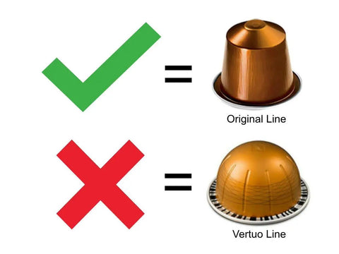 Comparison of checkmarked Nespresso Original Line capsule and crossed out Vertuo Line capsule