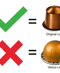 Green check for Original Line pod and red X for Vertuo Line pod for Large Sliding Capsule Drawer For Nespresso Original Line Holds 60 Pods Black Under Cabinet Coffee Storage Organizer Non Rolling Home Office Kitchen Bar Accessory Quick Easy Pod Picks.