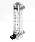 One Half Inch PT Thread Flow Meter For Water Or Oil 0.05 To 0.5 GPM And 0.2 To 2 LPM Clear Glass Body With Stainless Steel And Plastic Components Easy Readout Ideal For Home Lab Or Workshop Use