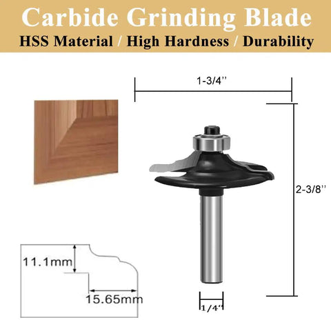 Close-up of Dope 1/4 Inch Shank Router Bit for Door Edging with carbide grinding blade, shown with detailed measurements.