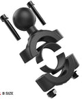 Exploded view of Torque Handlebar Mount Base With One Inch Ball For Three Quarters To One Inch Bars, black components.