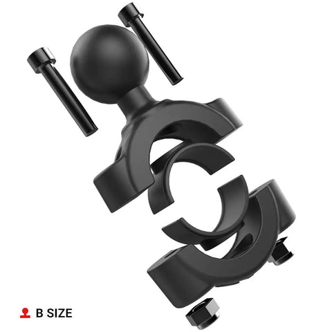 Exploded view of Torque Handlebar Mount Base With One Inch Ball For Three Quarters To One Inch Bars, black components.
