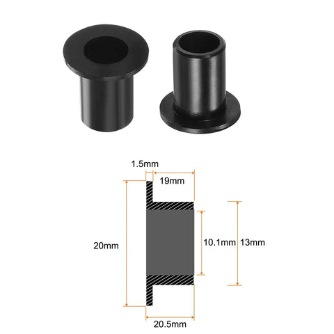 Heavy Duty 4 Pack Flanged Nylon Bushings For Linear Motion Systems 10.1 Mm Bore 13 Mm Outer Diameter 20.5 Mm Length Self Lubricating Wear Resistant Rock Solid Shaft Sleeves Black with dimensions shown.