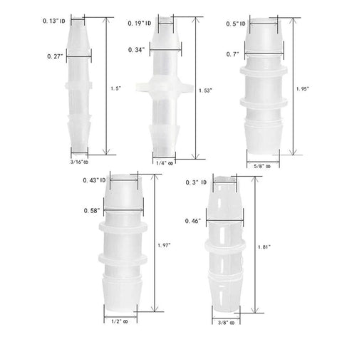 Plastic Hose Barb Fittings Pack Of Eight Barbed Adapters For Air Water And Fuel Lines In Sizes Three Sixteenths Inch One Quarter Inch