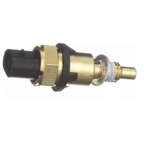 Engine coolant temperature sensor, side view; brass body, black connector, threaded fitting.
