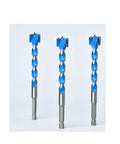 Rock Solid 10 Piece Forstner Drill Bit Set With Reinforced Carbide Heads For Precision Woodworking And Smooth Hole Cutting From 16 To 25 MM Range, three carbide drill bits with blue spiral design.