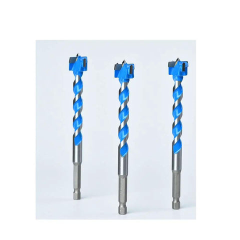 Rock Solid 10 Piece Forstner Drill Bit Set With Reinforced Carbide Heads For Precision Woodworking And Smooth Hole Cutting From 16 To 25 MM Range, three carbide drill bits with blue spiral design.