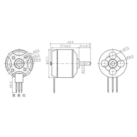 Technical drawing of 2212 Brushless Quadcopter Motor for Drones and RC Planes with dimensions, efficient design for stable flight.