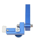 Get The Miter Track Stop Bracket For 30 Deg T-Slot Aluminum Red That Slides Smoothly Into Your Table Saw Rails For Super Precise Cuts Every Single Time On Your Woodworking Projects, blue metal bracket with adjustable stop.