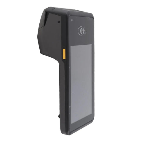 Side view of NFC Barcode Scanner with 5.0 inch touchscreen, 5G WiFi, and 4G LTE, handheld POS for cafes and food trucks.