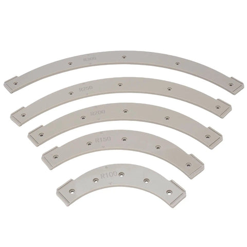 Pro Level Router Templates And Corner Radius Jigs Kit Featuring Five Heavy Duty Plastic Woodworking Guides with R100 to R300 radius sizes.
