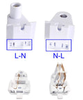 Plug And Play Fa8 Tombstone Lamp Holder With Single Pin T8 Socket Connector Fit T10 And T12 Fluorescent Tubes Ul Listed close-up view of white socket connectors with L-N and N-L labeling.