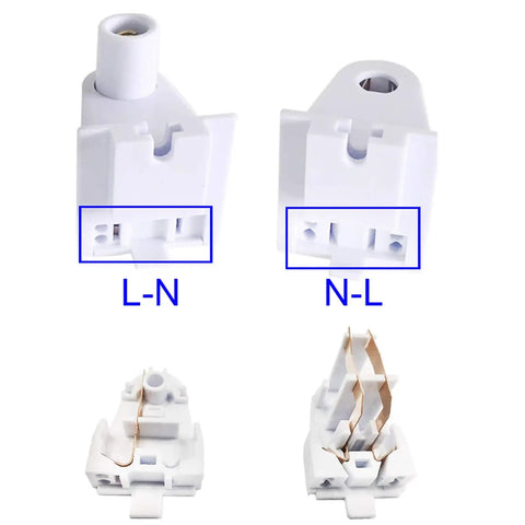 Plug And Play Fa8 Tombstone Lamp Holder With Single Pin T8 Socket Connector Fit T10 And T12 Fluorescent Tubes Ul Listed close-up view of white socket connectors with L-N and N-L labeling.