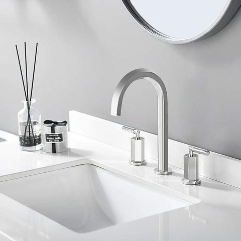 Two Handles Three Hole Hexagonal High Arch Polished Chrome Widespread Bathroom Faucet With Stainless Steel Pop Up Drain 8 Inch Center Set Slick Modern Contemporary Design NS-WF001-6-C in stylish bathroom setting