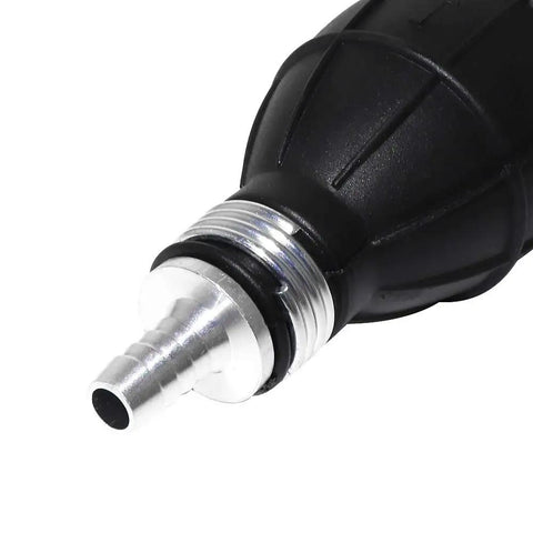 Close-up of 8mm black primer bulb rubber fuel pump with aluminum tip for marine boats and small engines carburetor.