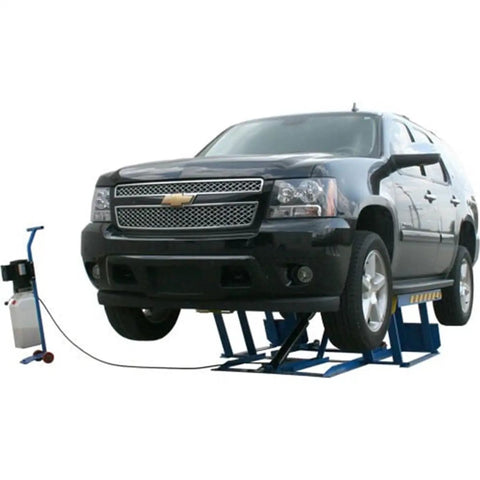 Badass Low Rise Scissors Vehicle Lift supports a black SUV at working height with heavy-duty steel frame for maintenance.