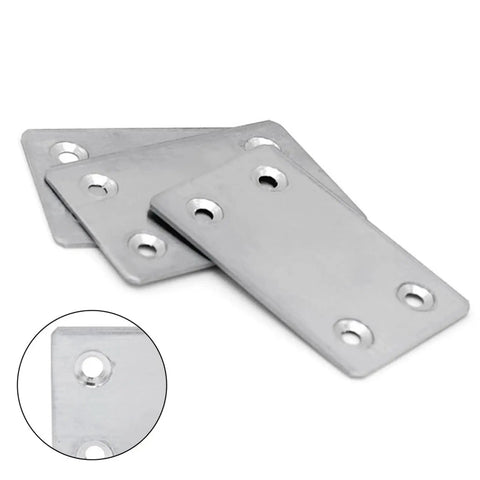 48 Piece Heavy Duty Mending Plates For Quick Furniture Fix Rock Solid Corner Brackets With Pre Drilled Holes showcasing three stainless steel plates with holes.