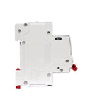 Side view of Easy Install C Curve 230/400V AC Miniature Circuit Breaker for DIN Rail Mounting, 1P, 6A to 63A, white and red design.