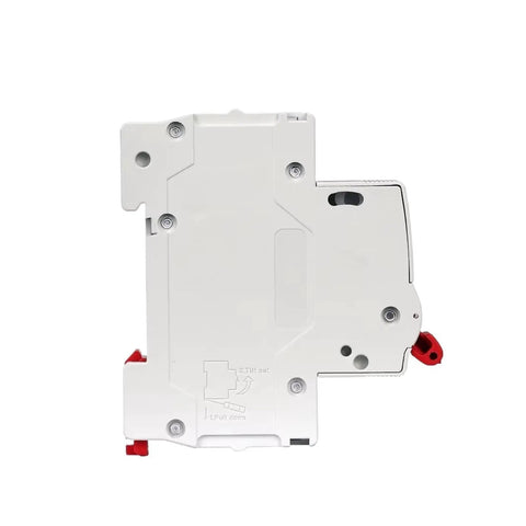 Side view of Easy Install C Curve 230/400V AC Miniature Circuit Breaker for DIN Rail Mounting, 1P, 6A to 63A, white and red design.
