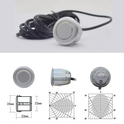 Backup Parking Sensor System For Your Ride With Front And Rear Sensors showing sensor dimensions and detection diagrams