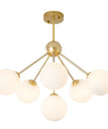 Six Light Frosted White Glass Globe Sputnik Chandelier in Modern Gold Finish for a Lit Statement Flush Mount Ceiling Light in Foyer Hallway and Entry Mid Century Style Glam Contemporary Ceiling Fixture with six frosted glass globes