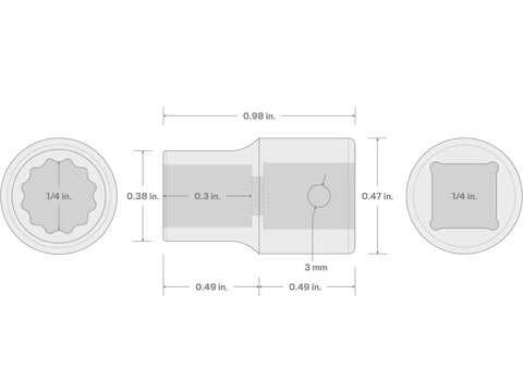 Technical diagram of 1/4 Inch Drive Shallow 12 Point Impact Socket With Dual Size Markings for automotive repair, dimensions labeled.