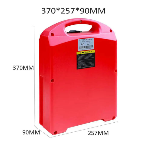 Top Shelf LifePO4 Lithium Battery For Electric Pallet Jack And Warehouse Forklift Trucks 24V 48V, red with handle, measuring 370x257x90mm.