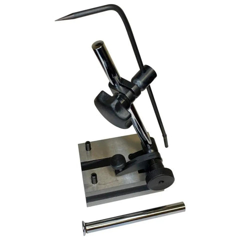 Dual Post Steel Surface Gage With Fine Adjustment, Retractable Base Pins, 4 Inch And 7 Inch Posts, V-Groove Bottom For Cylindrical Work, Angled Spindle For Above Or Below Base, Hardened Scriber Head With Spring