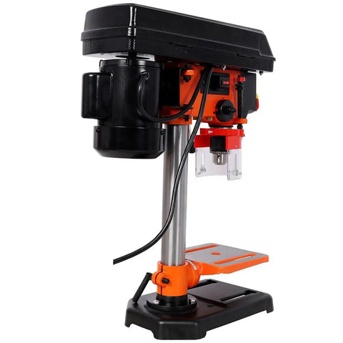 Aynuma 8 Inch Benchtop Drill Press With 400 Watt Induction Motor And Five Speed Settings side view showing chuck and worktable.