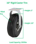 10 Inch Rigid Caster With Pneumatic Air Filled Tire, Kickass Sawtooth Tread Built For Smooth Rolling On Utility Carts And Workshop Dollies, No Fuss Heavy Duty Design Handling Up To Three Hundred Pounds, showing steel plate and tread details.