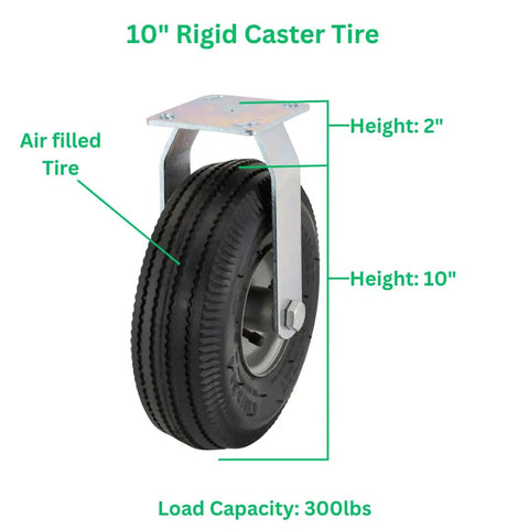 10 Inch Rigid Caster With Pneumatic Air Filled Tire, Kickass Sawtooth Tread Built For Smooth Rolling On Utility Carts And Workshop Dollies, No Fuss Heavy Duty Design Handling Up To Three Hundred Pounds, showing steel plate and tread details.