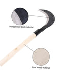 Long Handle Garden Sickle for Weeding and Cultivating Built Tough Manganese Steel Grass Cutter with close-up on materials