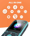 32GB Clip On MP3 Player With Bluetooth 5.3 For Sports, A65 Pedometer Music Player showing features on orange background