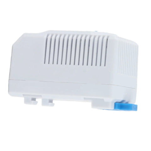 Adjustable 0-60 C Mechanical Thermostat With Normally Closed Switch For Heaters Fans And Control Circuits Rotary Dial Temperature Control For Precise Activation Trigger Easy Dial Setup Auto Shutoff And Safe Startup white DIN rail module with blue tab