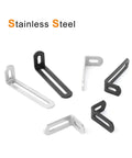 Heavy Duty Stainless Steel Adjustable Corner Bracket With Super Tough 90 Degree L Braces For Rock Solid Wooden Shelf And Furniture Support That Makes Quick Work Of Builds, pack of six in silver and black.