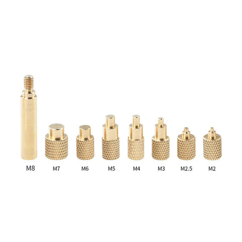 TS100 TS101 Soldering Iron Tips Kit With Brass M2 To M8 Heat Set Inserts Replacement Tips For TS100 And TS101 DIY 3D Printer Hot End Accessories Pro Grade Heat Transfer And Easy Tip Swaps, showing brass inserts from M2 to M8 sizes lined up.