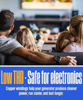 Family watching TV with message 'Low THD - Safe for electronics' referencing tri fuel portable inverter generator benefits.