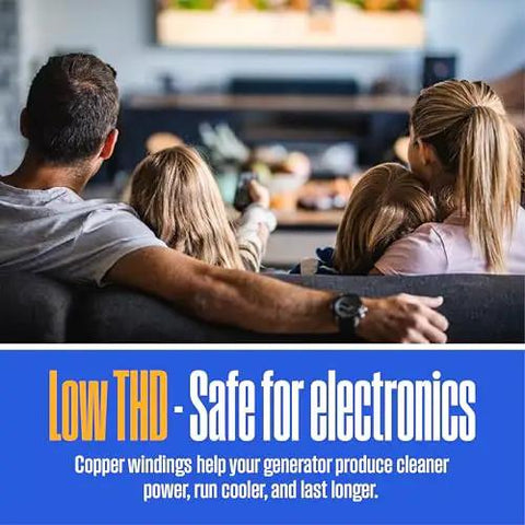 Family watching TV with message 'Low THD - Safe for electronics' referencing tri fuel portable inverter generator benefits.