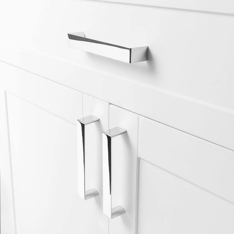 10 Pack 5 Inch Polished Chrome Cabinet Pulls For Kitchen Cabinets Drawers Dresser Vanity Cupboards Solid Metal Hardware With 128mm Hole Centers And Two Screw Sizes For Easy Installation installed on white cabinetry
